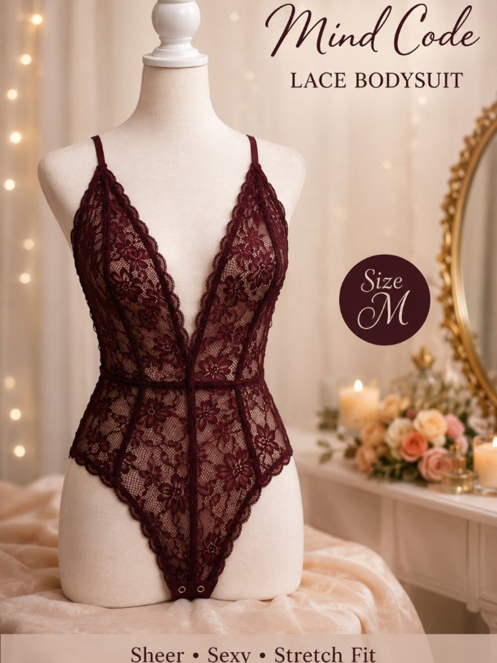 Mind Code Burgundy Lace Bodysuit M Sheer Deep V Lingerie Adjustable Straps